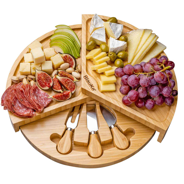 Plateau à Fromages en Bois avec Couteaux à Fromage – Plateau à Fromage en Bambou pour 2-3 Personnes – Plateau de Fromage Tournant Rotatif Pivotant – Meilleure Idée Cadeau – BlauKe