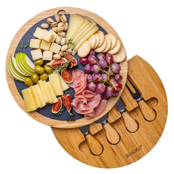 Plateau à Fromages en Bois avec Couteaux à Fromage et Ardoise Amovible – Plateau à Fromage en Bambou Tournant Rotatif Pivotant pour 2-3 Personnes – Excellente Idée Cadeau