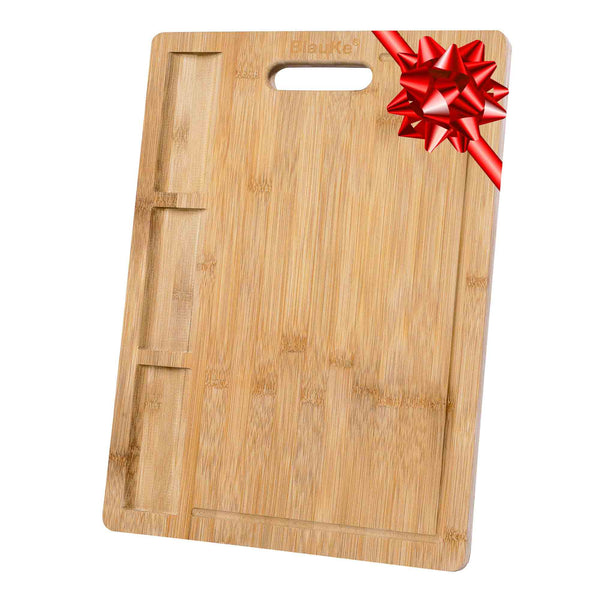Planche à Découper en Bambou avec Rigole et Compartiments Récupérateurs (Grande 43x32cm) – Planche en Bois Épaisse pour Viande Pain Fromage Légumes – Billot de Boucher, Plateau Apéritif